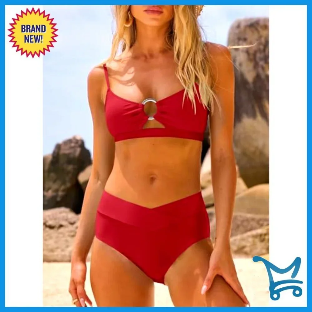 Triangle Bikini Set O Ring Cut Out Two Piece Swimsuit Mid Rise Cheeky
